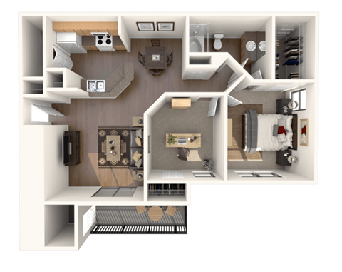 a stylized floor plan with a bedroom and a living room